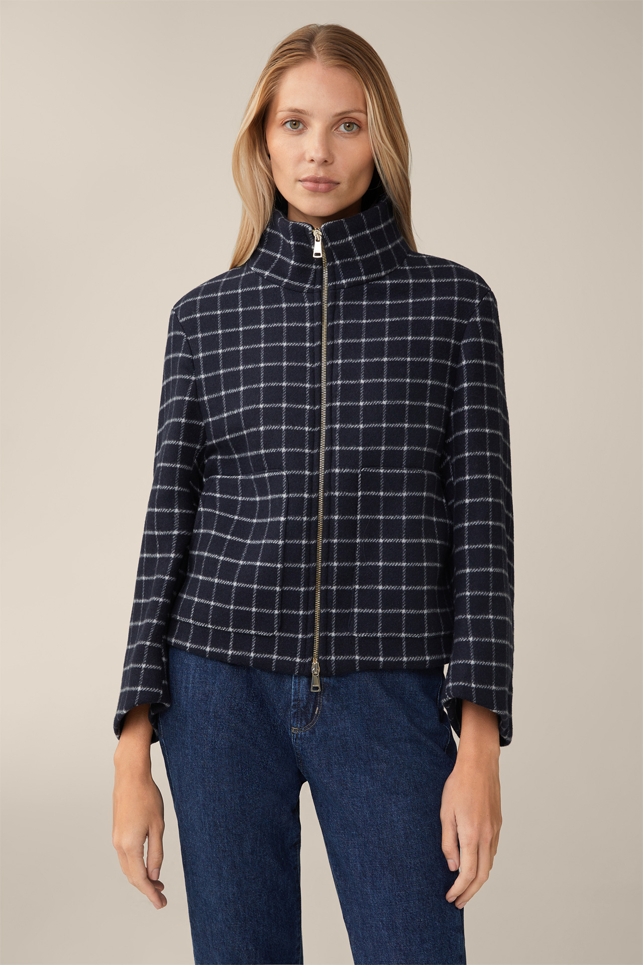 Navy and White Checked Wool Mix Cape Jacket