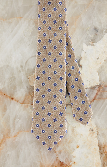 Seiden-Krawatte mit Leinen in Beige-Blau gemustert