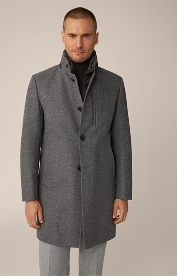 Rivano Stand-up Collar Coat with Cashmere and Lambskin Collar in Grey-Beige