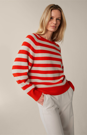 Cashmere Sweater with Raglan Sleeves in Red and Beige Stripes