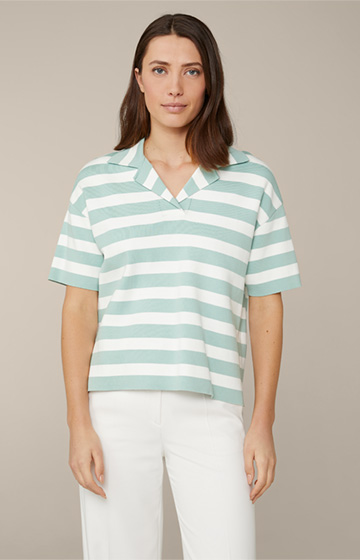 Baumwoll-Tencel-Strick-Shirt im Polo-Stil in Mintgrün-Ecru gestreift