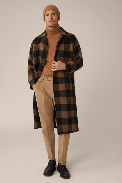 Rossano Wool Blend Coat with Shirt Collar in Black and Brown Check