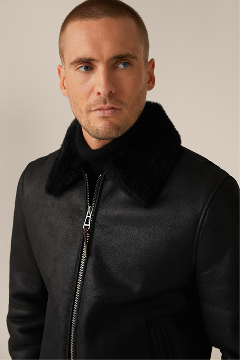 Veste en cuir d’agneau Mezzano avec col de chemise, en noir
