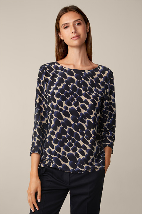 Viscose and Silk Mix Blouse in a Beige and Navy Pattern