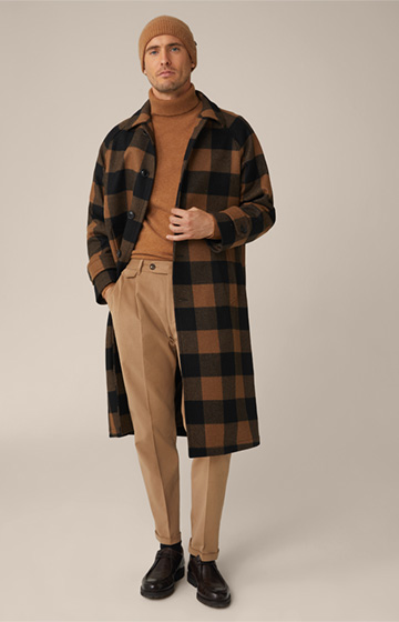 Rossano Wool Blend Coat with Shirt Collar in Black and Brown Check