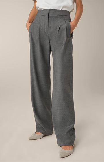 Virgin Wool Marlene Trousers with Pleated Front in Mottled Grey