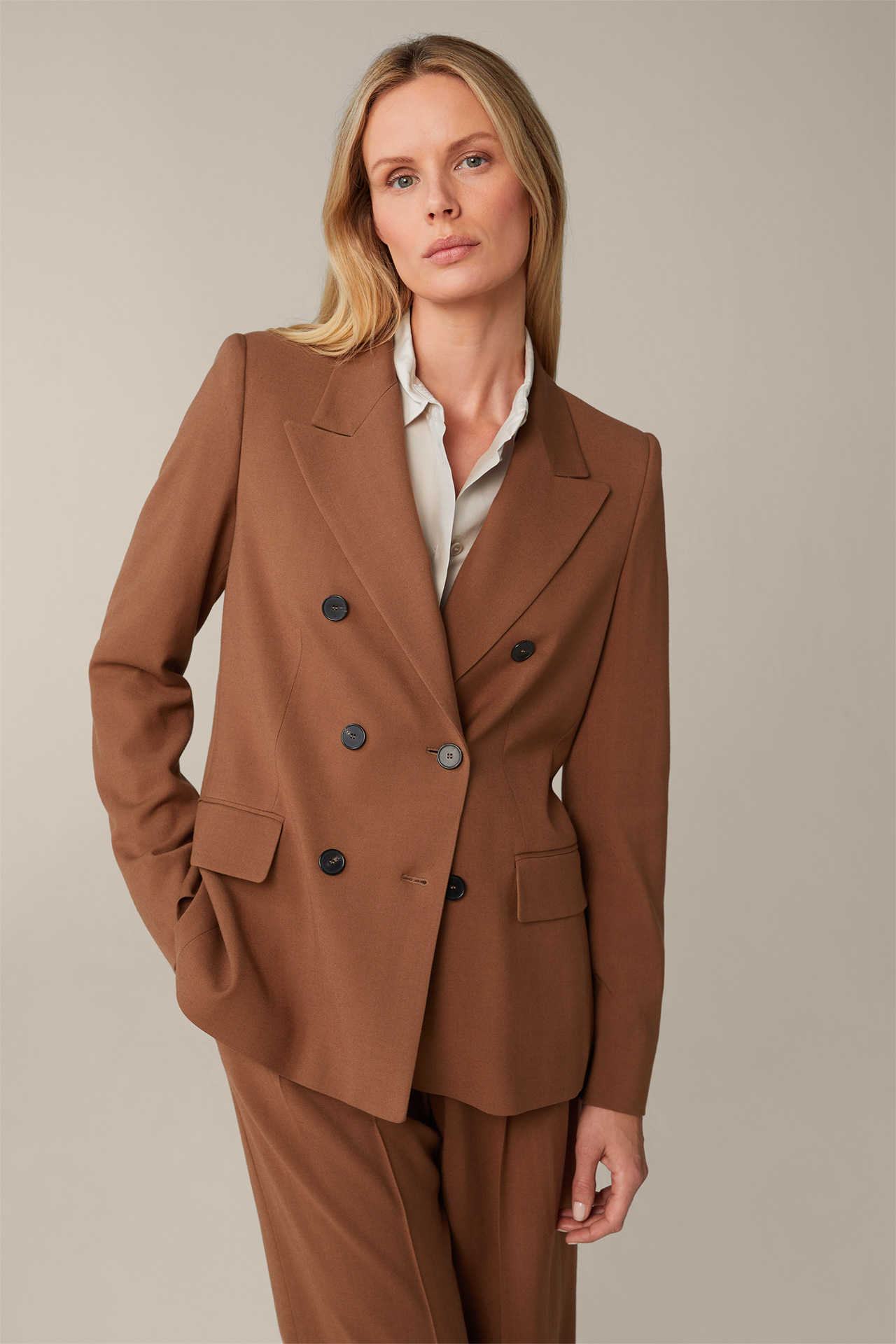 Double-breasted Blazer with Pagoda Shoulder in Caramel