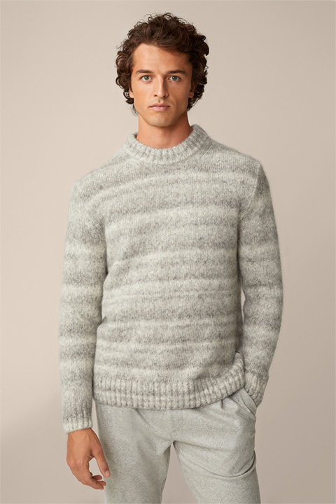Alpino Alpaca and Cotton Mix Pullover with Stand-Up Collar in Grey and Off-white
