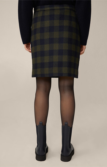 Wool Mix Boot Skirt in a Navy and Olive Pattern