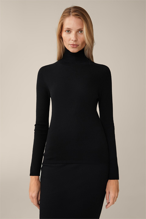 Virgin Wool and Silk Mix Roll Neck Pullover in Black