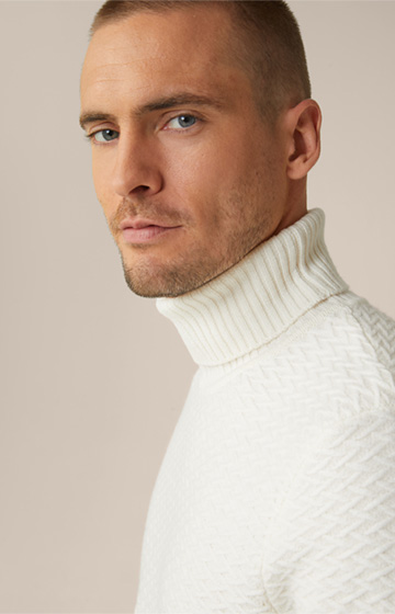 Textured Virgin Wool Roll Neck Amilo Pullover with Cashmere in Off-White