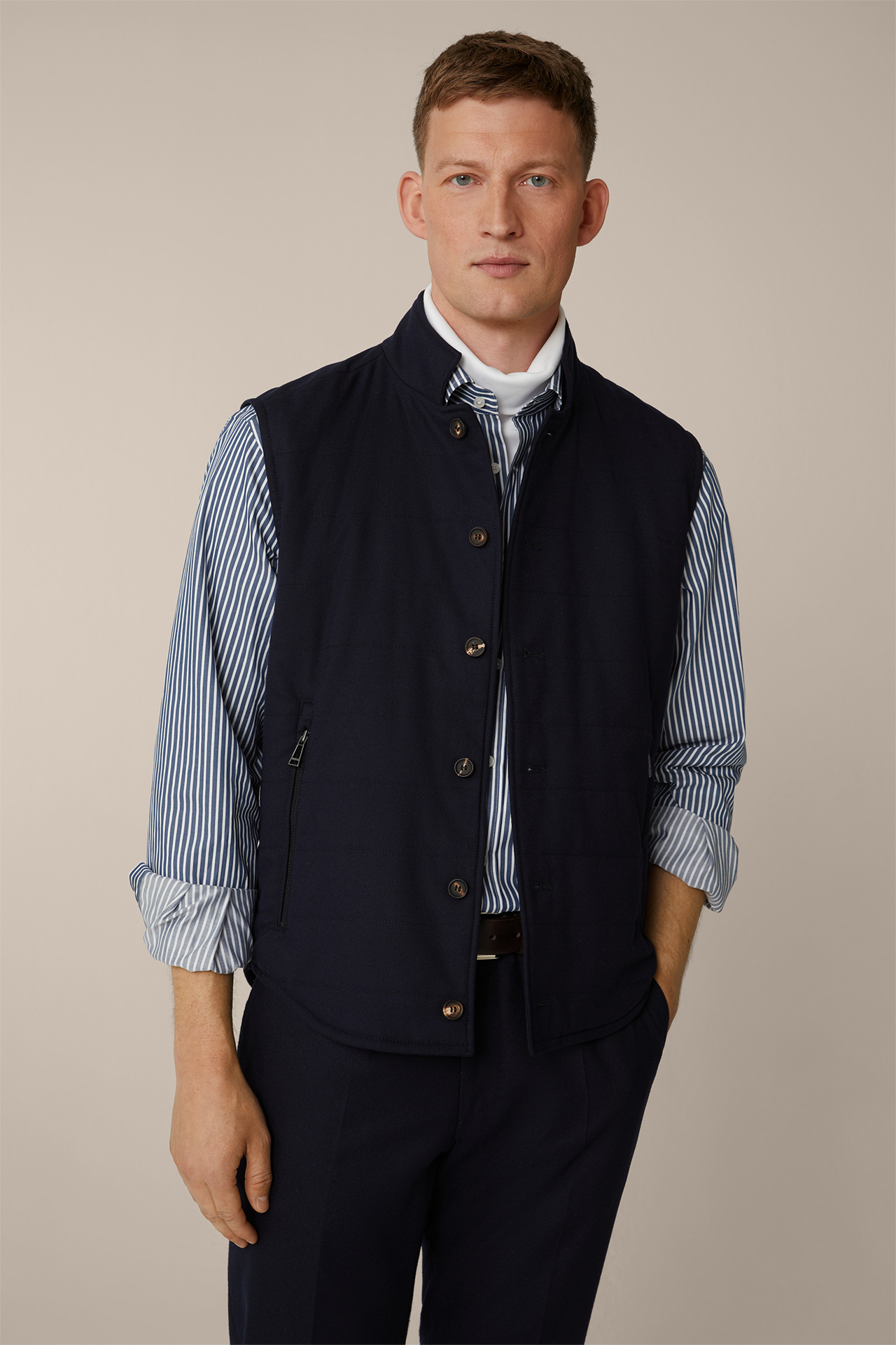 Emiliano Wool Blend Waistcoat with Stand-up Collar in Navy