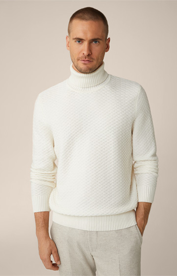 Textured Virgin Wool Roll Neck Amilo Pullover with Cashmere in Off-White