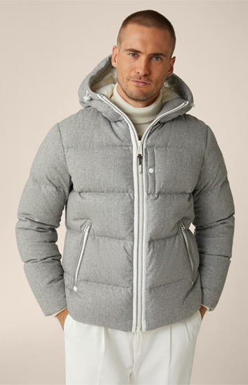 Glorenza Quilted Wool Blend Cashmere Down Jacket in Mottled Grey and Beige