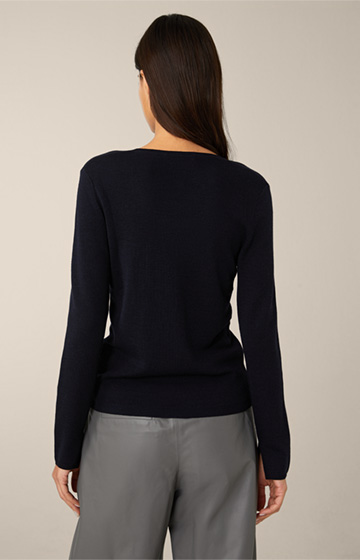 Virgin Wool Ribbed Knit Pullover with Silk in Navy