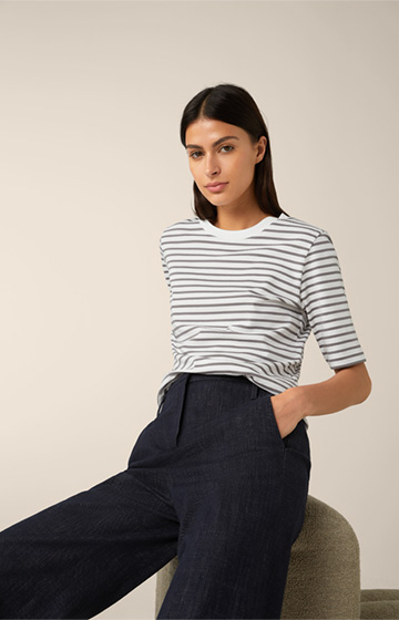 Cotton Interlock T-shirt in White and Grey Stripes