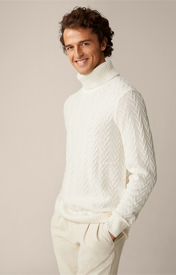 Textured Virgin Wool Knitted Roll Neck Alparo Pullover with Cashmere in Off-White