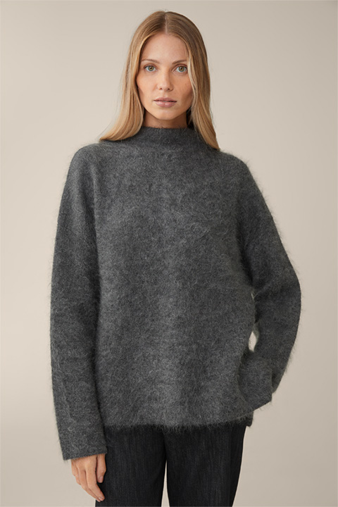 Mohair/Wool Mix Pullover with Stand-up Collar in Mottled Grey