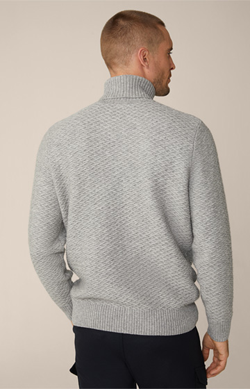 Textured Virgin Wool Roll Neck Amilo Pullover with Cashmere in Grey