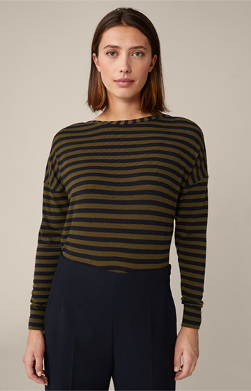 Wool-blend Shirt with Boat Neck with Olive/Navy stripes
