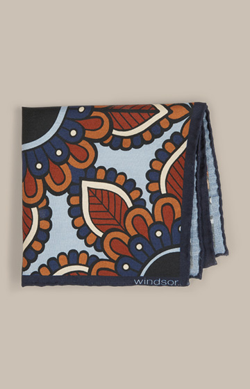 Breast Pocket Handkerchief with Silk in Navy, Brown and Light Blue Pattern
