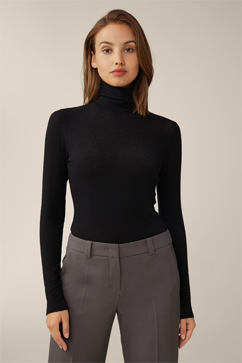 Tencel Wool Stretch Roll Neck Pullover in Black