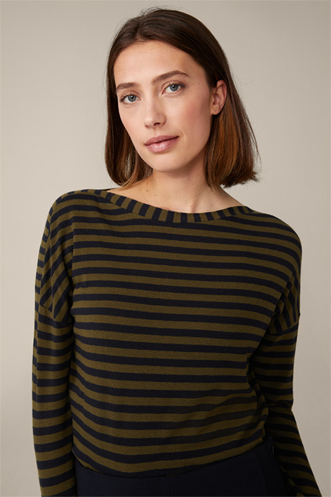 Wool-blend Shirt with Boat Neck with Olive/Navy stripes