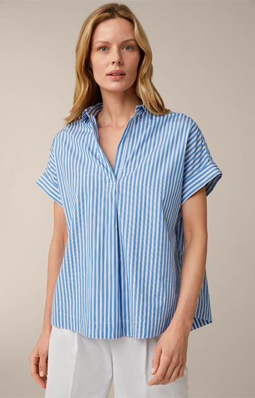 Poplin Short-sleeved Blouse in Blue and White Stripes