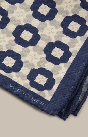 Virgin Wool Breast Pocket Handkerchief in a Grey and Blue Pattern