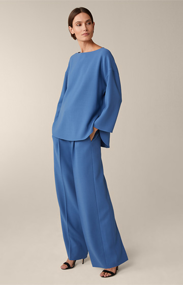 Wool Crêpe Long Blouse with Side Slit in Blue