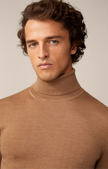 Nando Virgin Wool Roll Neck Pullover with Silk and Cashmere in Camel
