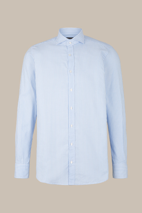 Leads to product detail page "The Lano smart shirt in light blue and white stripes"