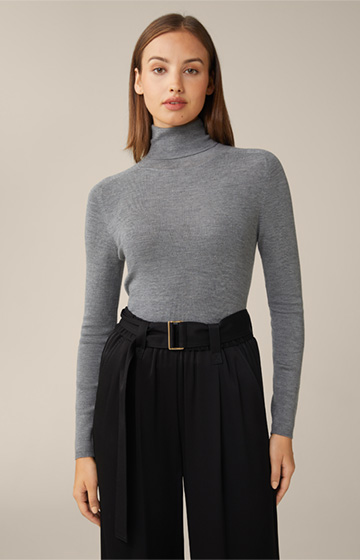 Virgin Wool and Silk Mix Roll Neck in Grey Marl