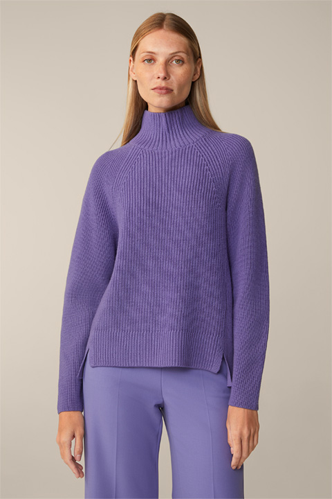 Virgin Wool Ribbed Knit Roll Neck Pullover in Purple