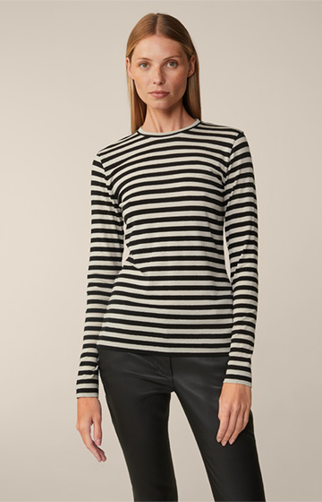 Tencel Wool Stretch Round Neck Shirt in Black and Beige Stripes
