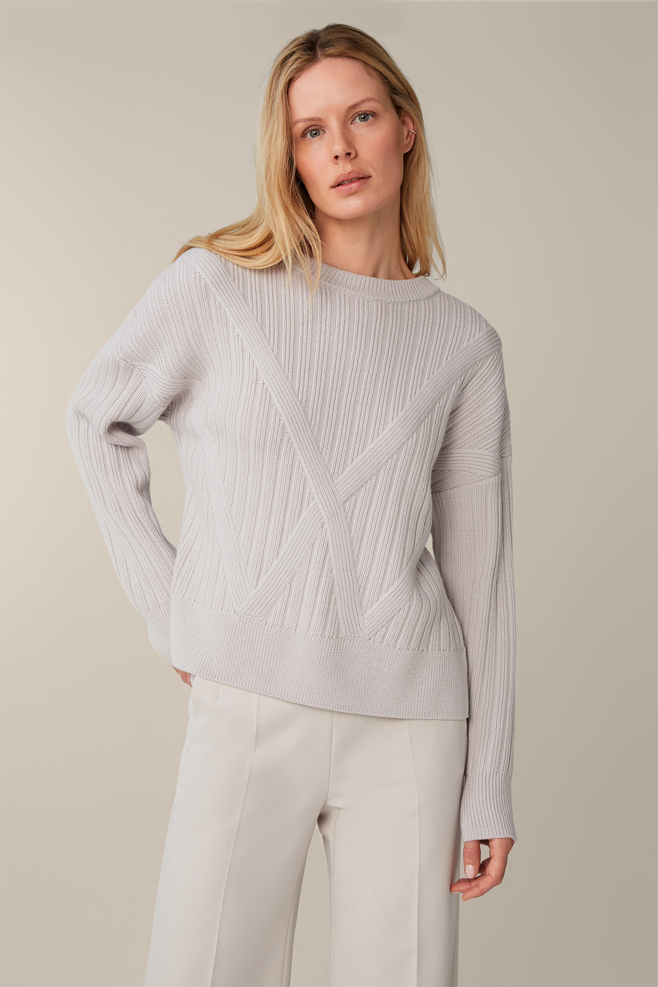 Merino Knitted Sweater with Structural Pattern in Light Beige