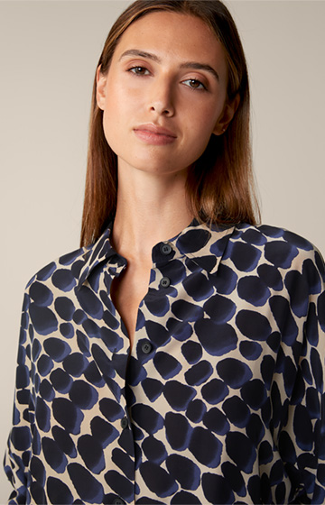Viscose and Silk Mix Shirt-style Blouse in a Beige and Navy Pattern