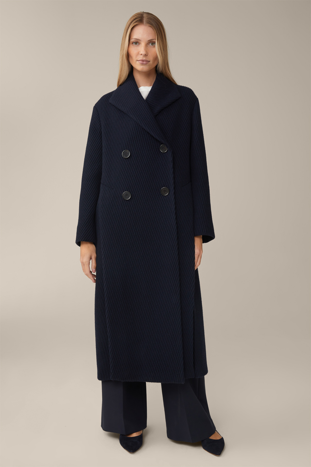 Textured Virgin Wool Blend Double-breasted Coat in Navy - in the