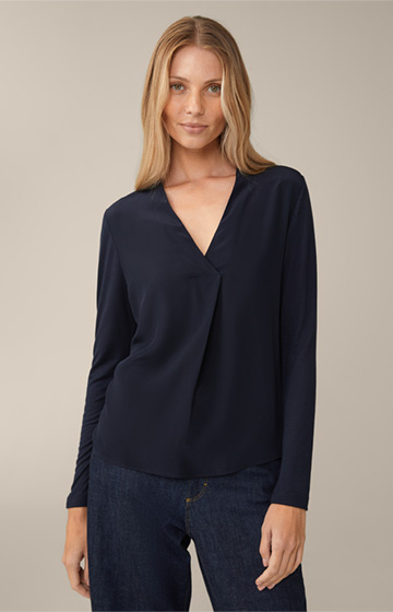 Tencel Long-sleeved Shirt in Navy with Satin Front