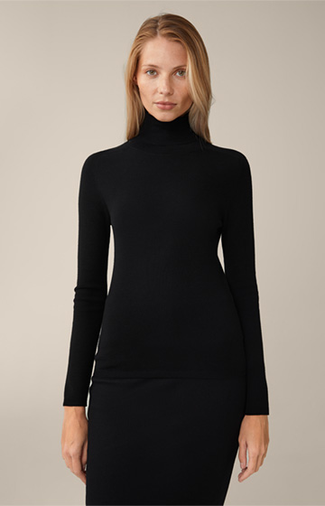 Virgin Wool and Silk Mix Roll Neck Pullover in Black