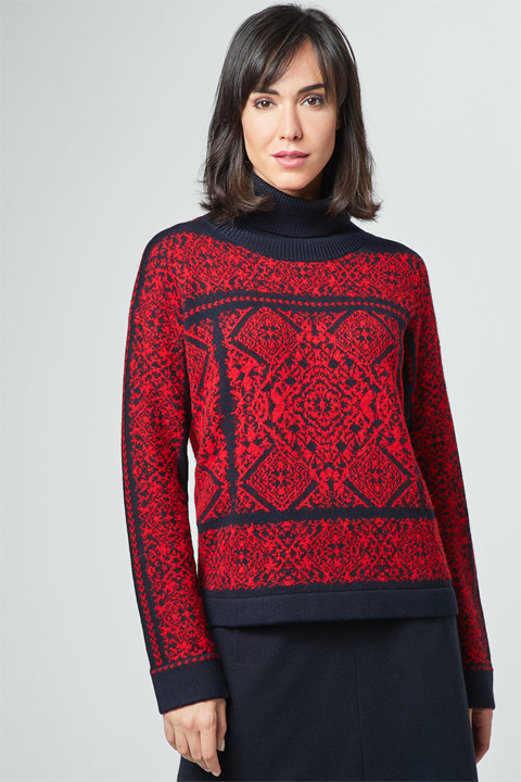 Pullover mit Alpaka in Rot-Blau gemustert