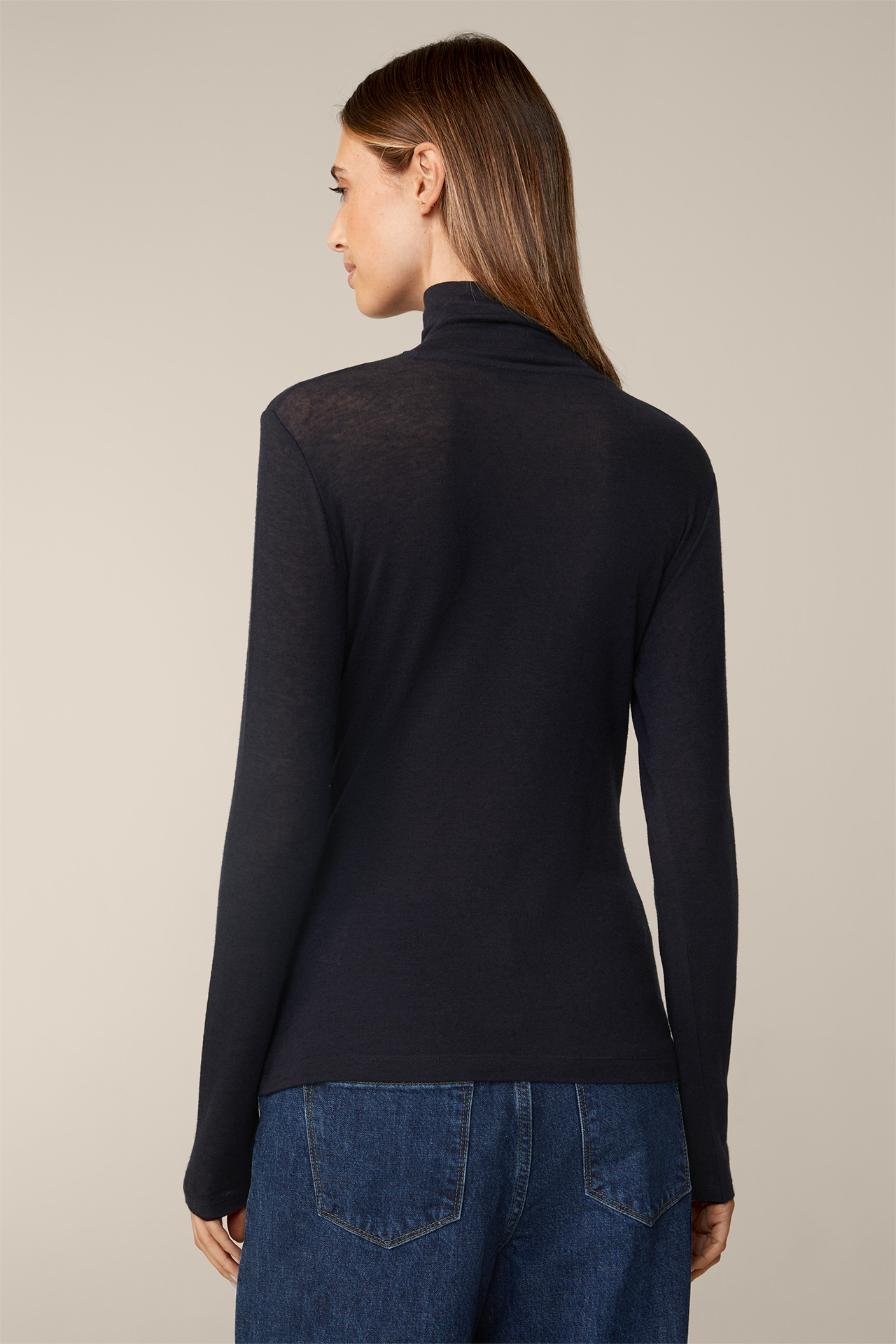 Lyocell and Wool Roll Neck Pullover in Navy 