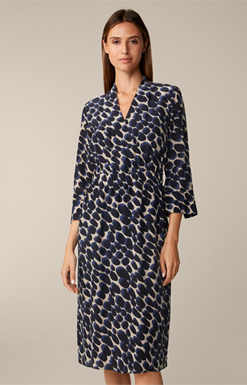 Viscose and Silk Mix Wrap-around Dress in a Beige and Navy Pattern
