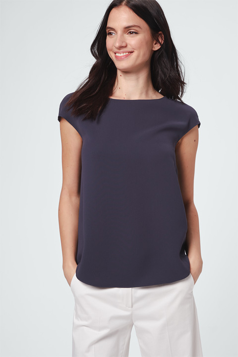 Crêpe-Kurzarm-Bluse in Navy