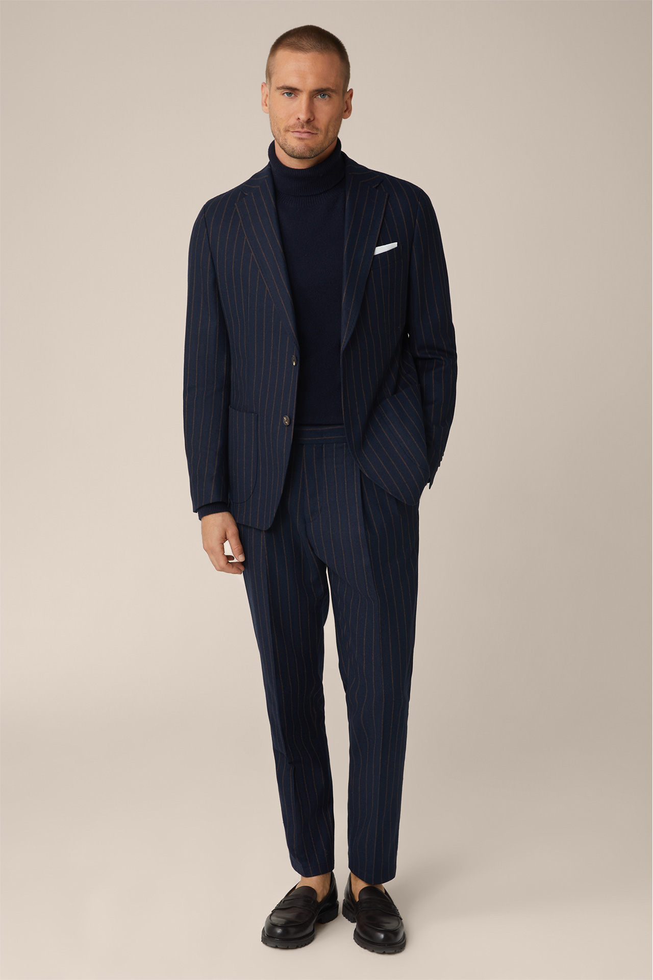 Sapo Wool Blend Modular Pleat-front Trousers in Navy with Brown Pinstripes