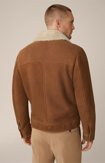 Veste en cuir d’agneau velours Rapallo avec col style chemise, en marron