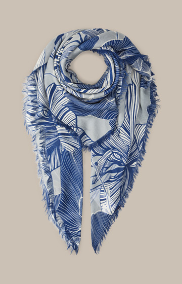 Printed Modal Scarf in Blue, Ecru and Grey, patterned