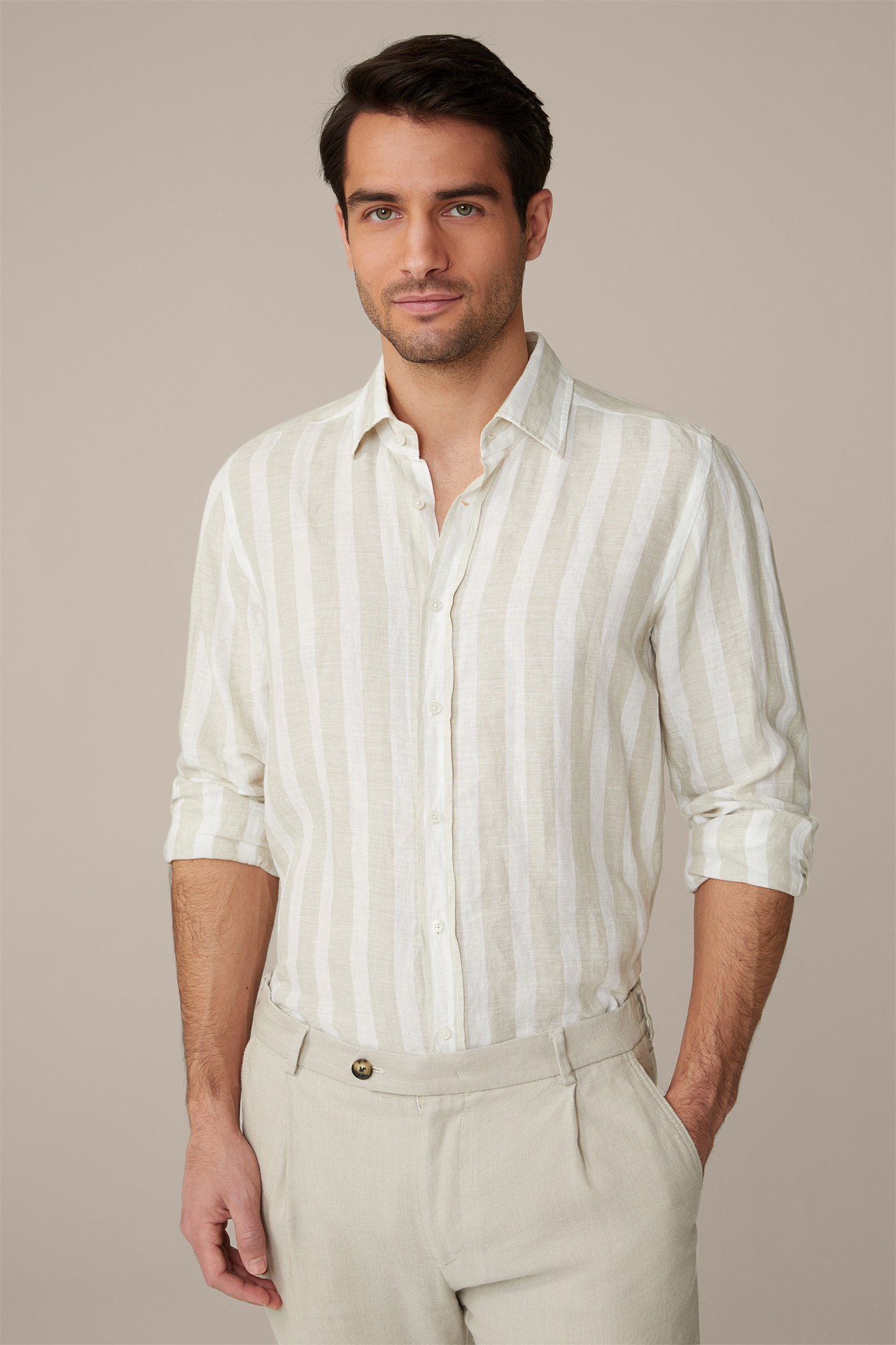 Lapo Linen Shirt in Beige and White Stripes