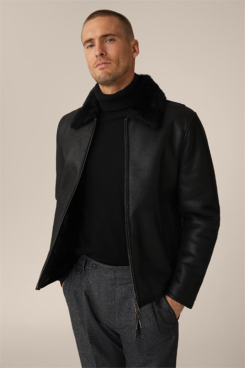 Mezzano Lambskin and Leather Jacket with Shirt Collar in Black