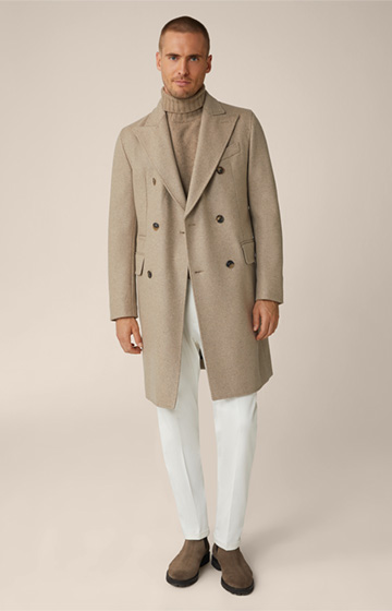 Cantro Cashmere Double-breasted Coat with Lapel Collar in Greige